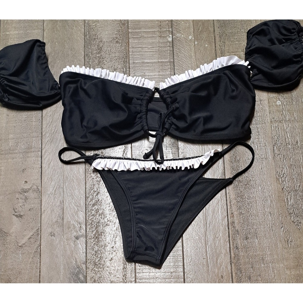 Black Ruffle Bikini Set Off Shoulder Bandeau Top Tie Side Bottom Size M